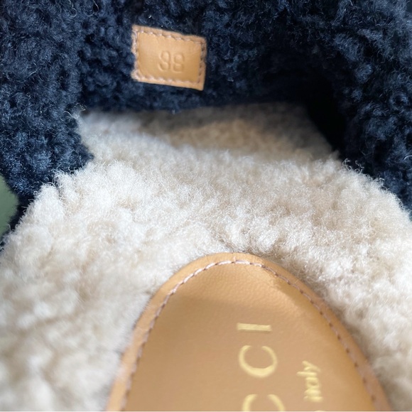 Gucci Elea Shearling GG Interlocking G Platform Slide Wedge Black Butterscotch - Picture 8 of 9